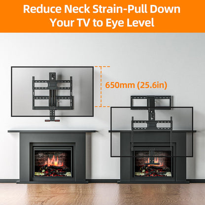 Pull Down TV Mount for Fireplace, Height Adjustable for Most 43 - 80 Inch TVs, Max VESA 600x400mm up to 80lbs, Full Motion Articulating Above Mantle Installation - All That Technology