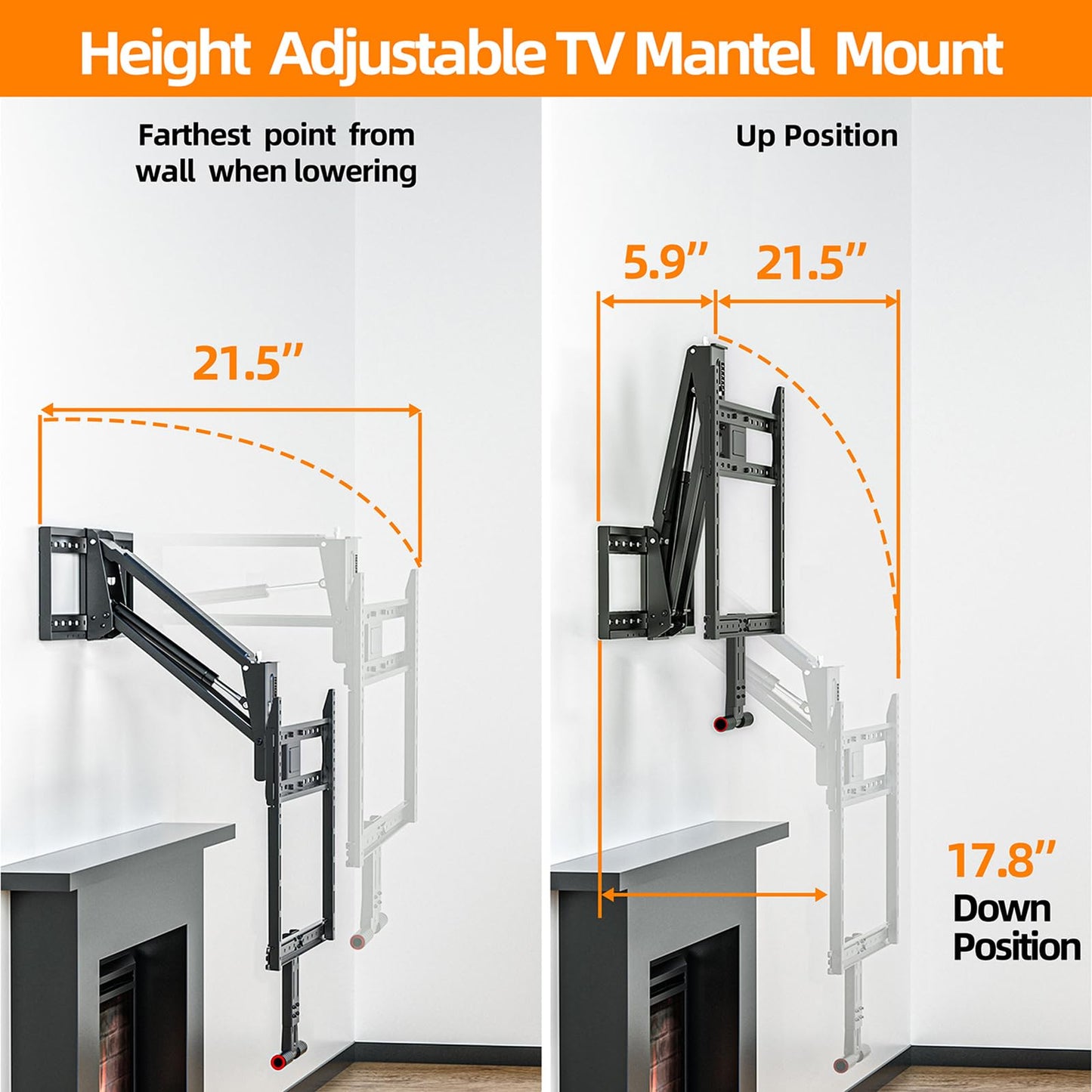 Pull Down TV Mount for Fireplace, Height Adjustable for Most 43 - 80 Inch TVs, Max VESA 600x400mm up to 80lbs, Full Motion Articulating Above Mantle Installation - All That Technology