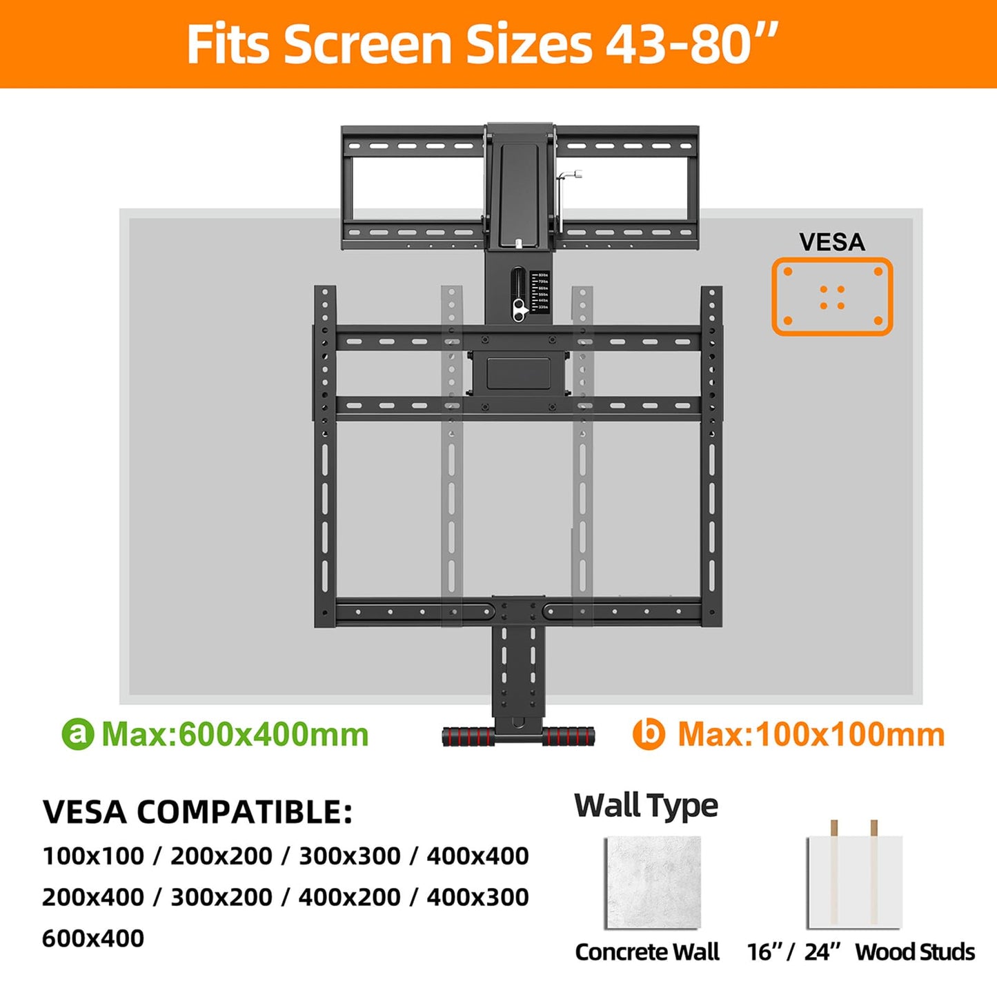 Pull Down TV Mount for Fireplace, Height Adjustable for Most 43 - 80 Inch TVs, Max VESA 600x400mm up to 80lbs, Full Motion Articulating Above Mantle Installation - All That Technology