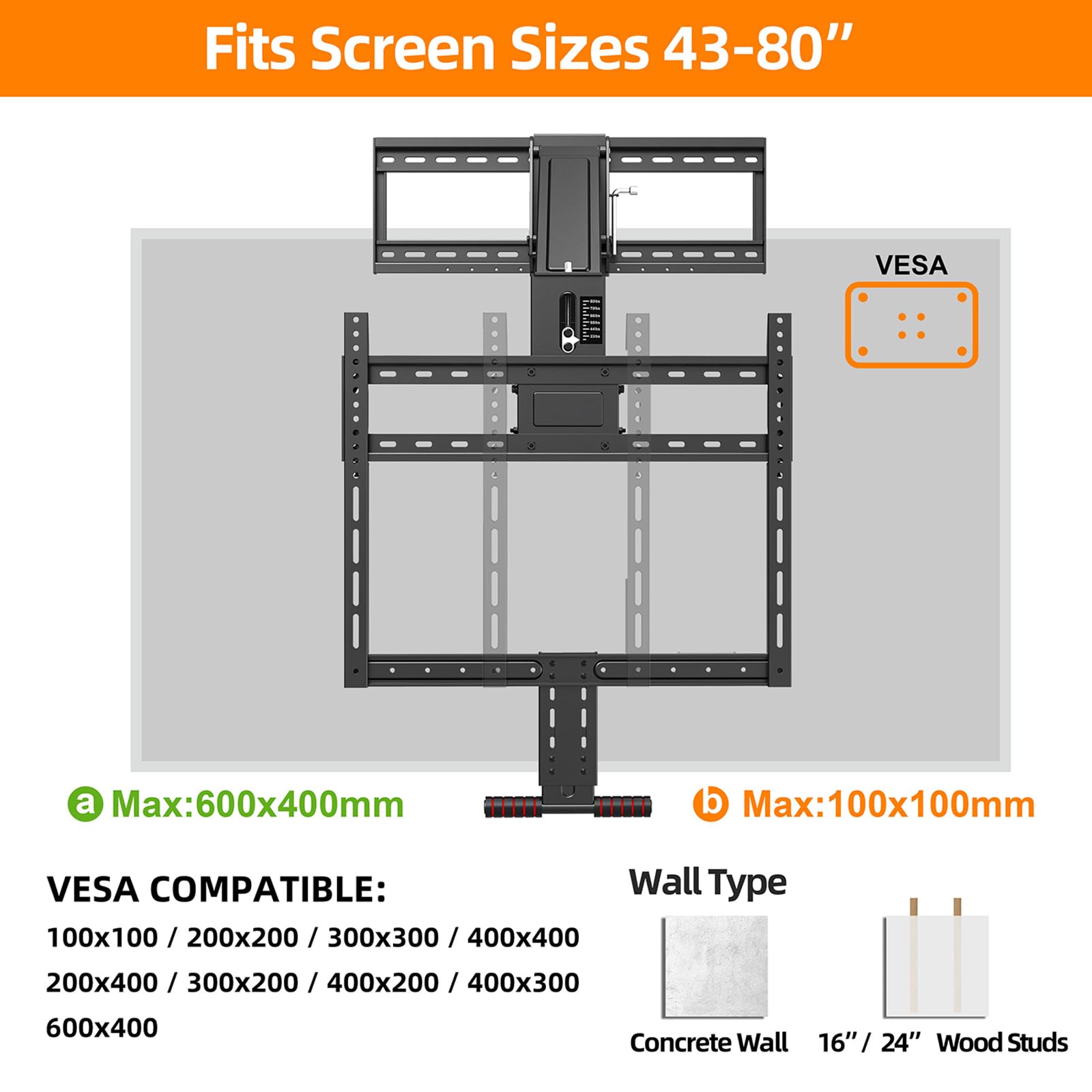 Pull Down TV Mount for Fireplace, Height Adjustable for Most 43 - 80 Inch TVs, Max VESA 600x400mm up to 80lbs, Full Motion Articulating Above Mantle Installation - All That Technology