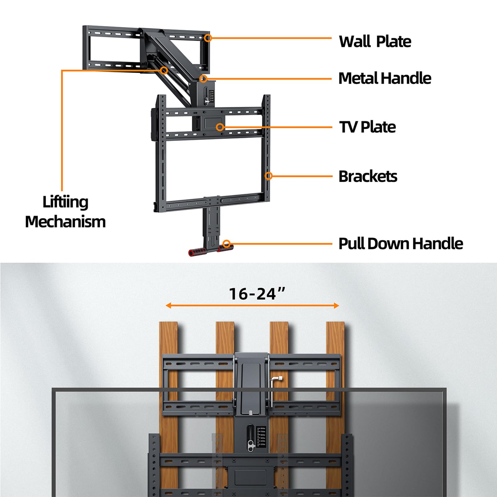 Pull Down TV Mount for Fireplace, Height Adjustable for Most 43 - 80 Inch TVs, Max VESA 600x400mm up to 80lbs, Full Motion Articulating Above Mantle Installation - All That Technology