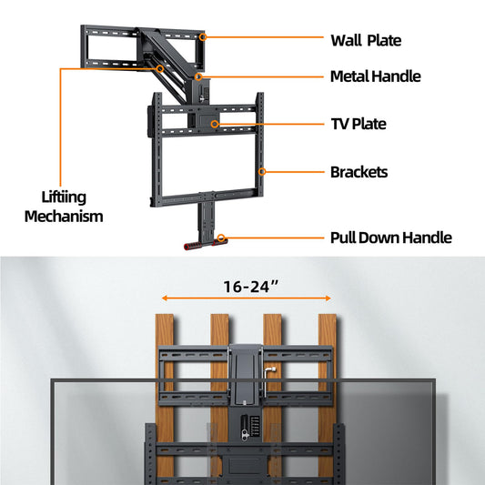 Pull Down TV Mount for Fireplace, Height Adjustable for Most 43 - 80 Inch TVs, Max VESA 600x400mm up to 80lbs, Full Motion Articulating Above Mantle Installation - All That Technology