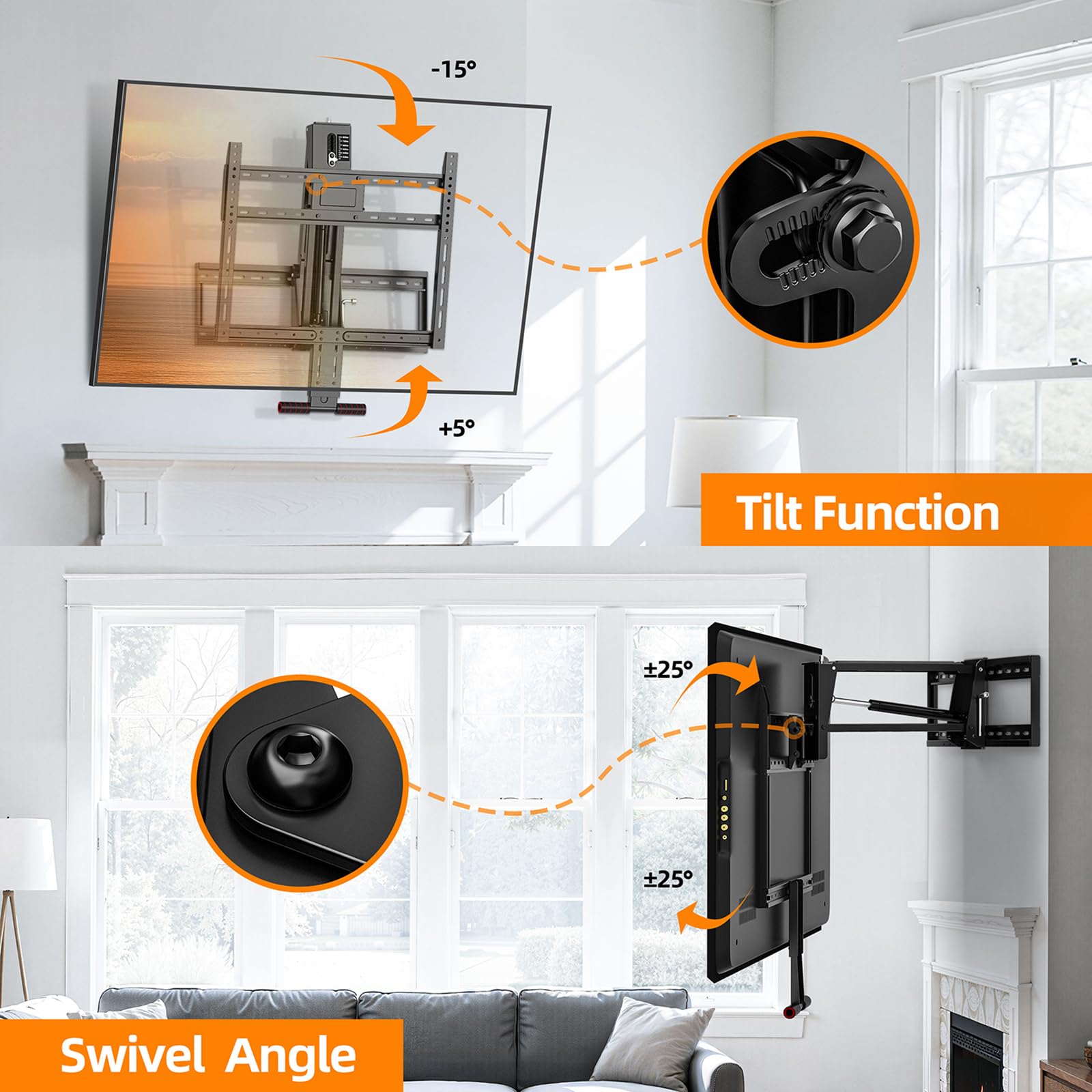 Pull Down TV Mount for Fireplace, Height Adjustable for Most 43 - 80 Inch TVs, Max VESA 600x400mm up to 80lbs, Full Motion Articulating Above Mantle Installation - All That Technology