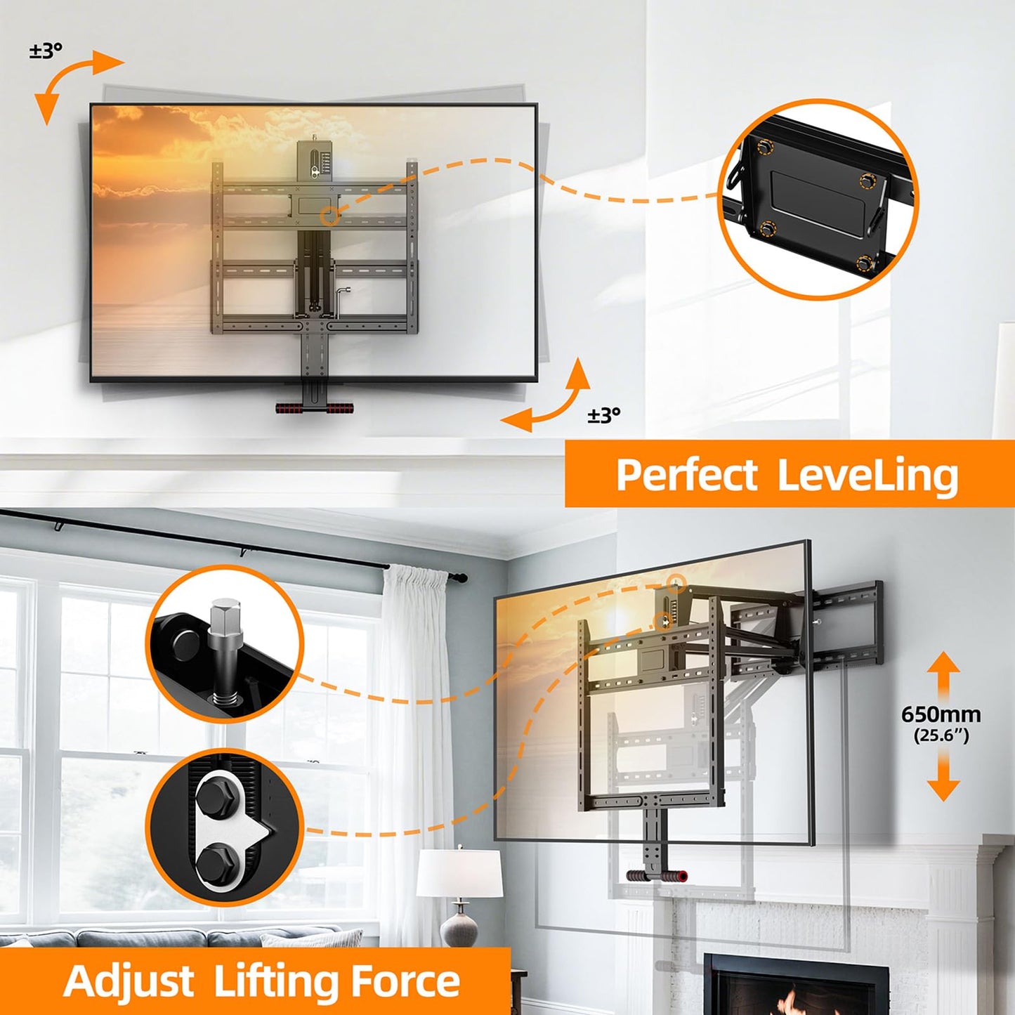 Pull Down TV Mount for Fireplace, Height Adjustable for Most 43 - 80 Inch TVs, Max VESA 600x400mm up to 80lbs, Full Motion Articulating Above Mantle Installation - All That Technology